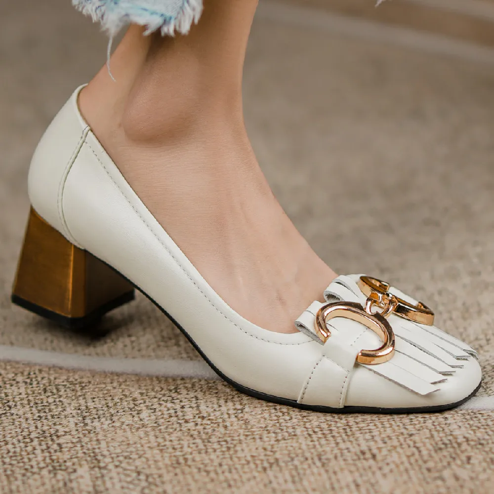 

Туфли-лодочки женские из натуральной кожи, на толстом среднем каблуке, без застежки, бахрома, металлическая пряжка, офисный стиль, мягкая уд...