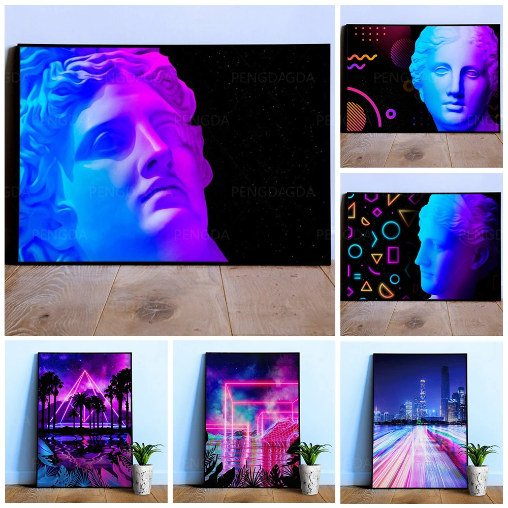 

Modular Pictures Home Decoration Wall Art Modern Synthwave Neon City Canvas Prints Painting Landscape For Bedroom Poster Frame