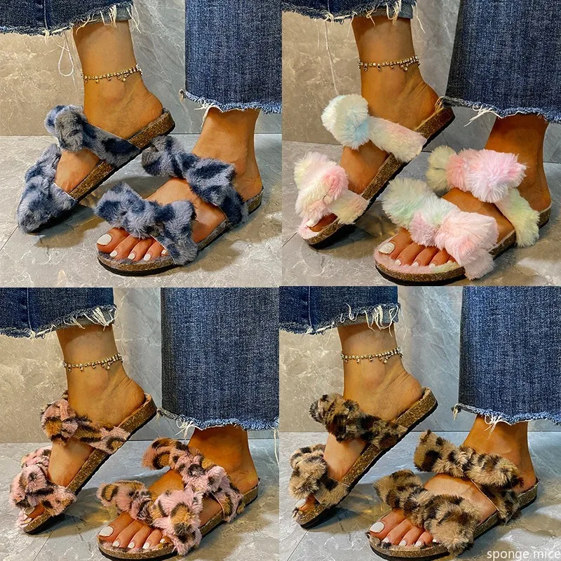 

Double-layer bowknot fox fur fashion one-line fur shoes plus size leopard print ms slippers 2021 flat home women sandals