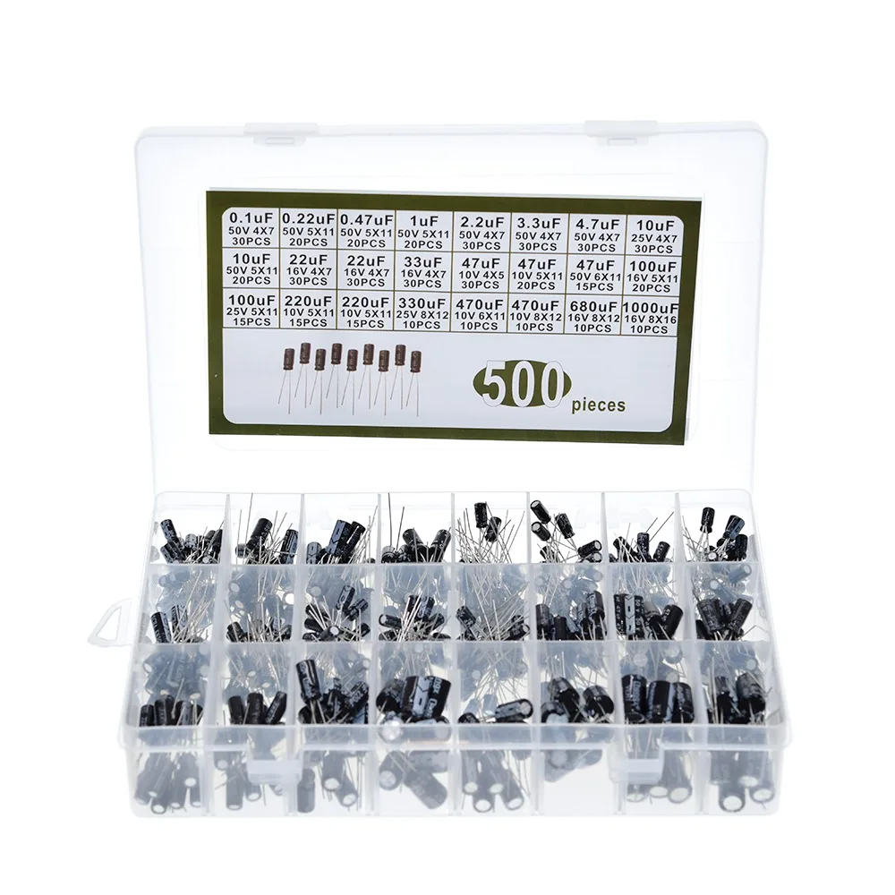 500Pcs/lot 0.1UF 1000UF 24Values Aluminum Electrolytic Capacitors 16 50V mix capacitor Assorted kit and storage box|Конденсаторы| |