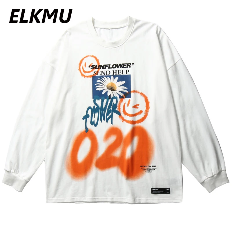 ELKMU граффити лица Подсолнух печати с длинным рукавом футболки уличная 2020 хип хоп