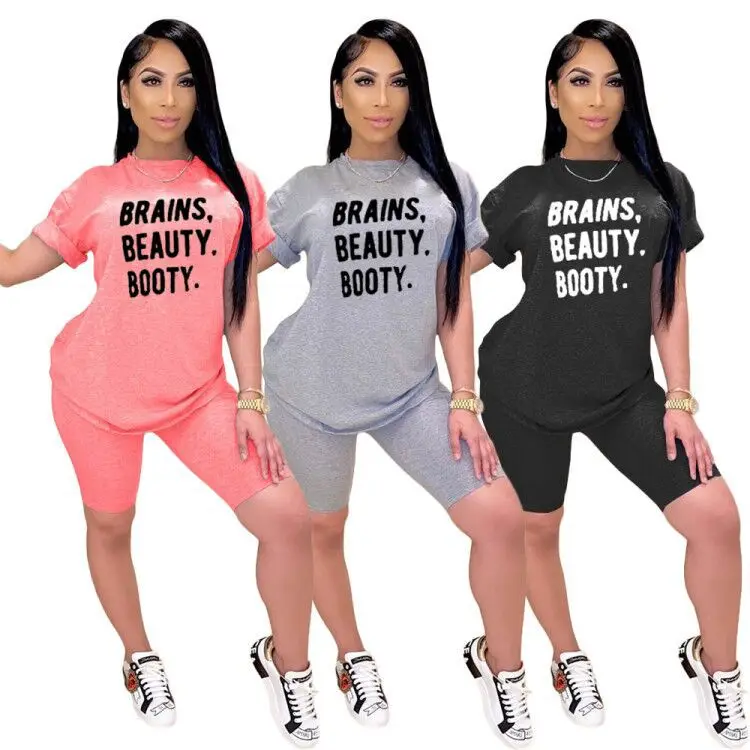 

High Quality Letter Print O Neck Short Sleeve Pullover T-shirt Tops + Solid Color Shorts Femme Jogger Running Tracksuit 3 Color