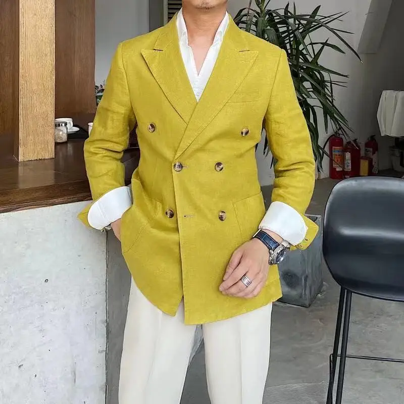 Летний бежевый льняной костюм для пляжа свадьбы мужской из 2 предметов