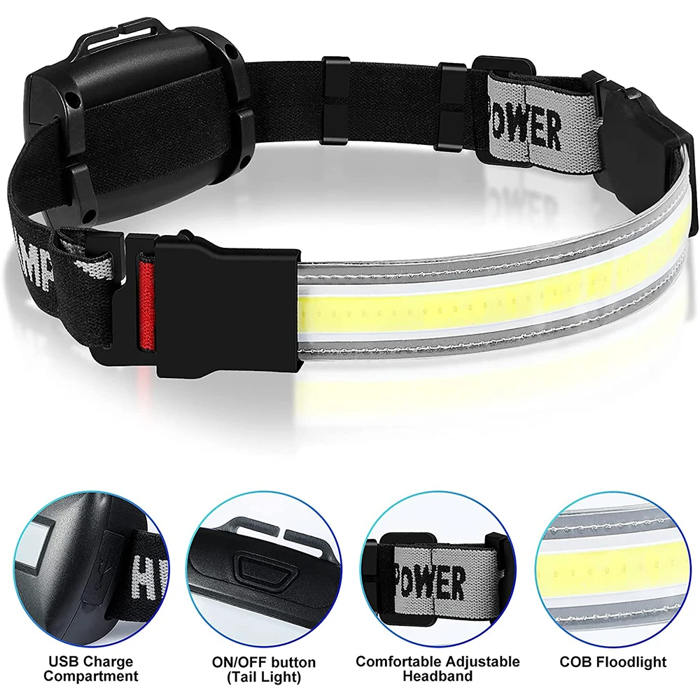 

D2 Rechargeable Headlight Flashlight LED Wide Beam Light COB Headlight 3 Light Modes Camping Running Fishing Hiking Light Torch