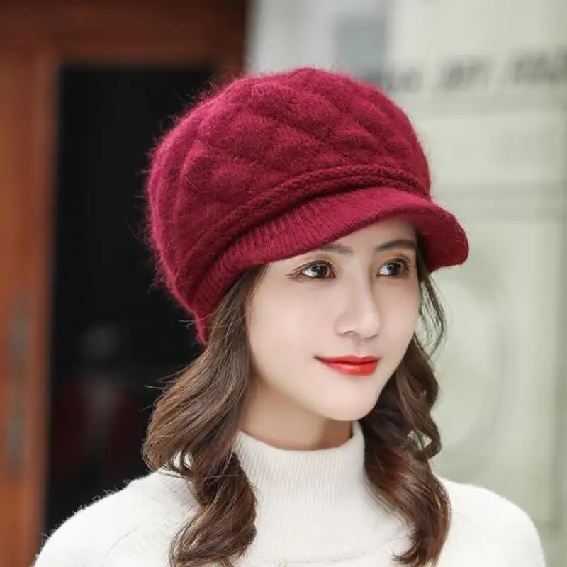 Autumn Winter Hats for Women Warm Thick Rabbit Fur Hats Women Newsboy Berets Ladies With Woolen Knitted Hat Female Caps