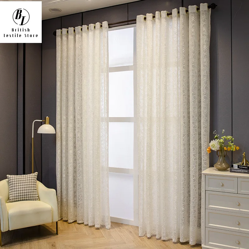 

White Cherry Blossom Embossed Curtains Translucent All-match Curtain Be Customized Curtains for Living Dining Room Bedroom