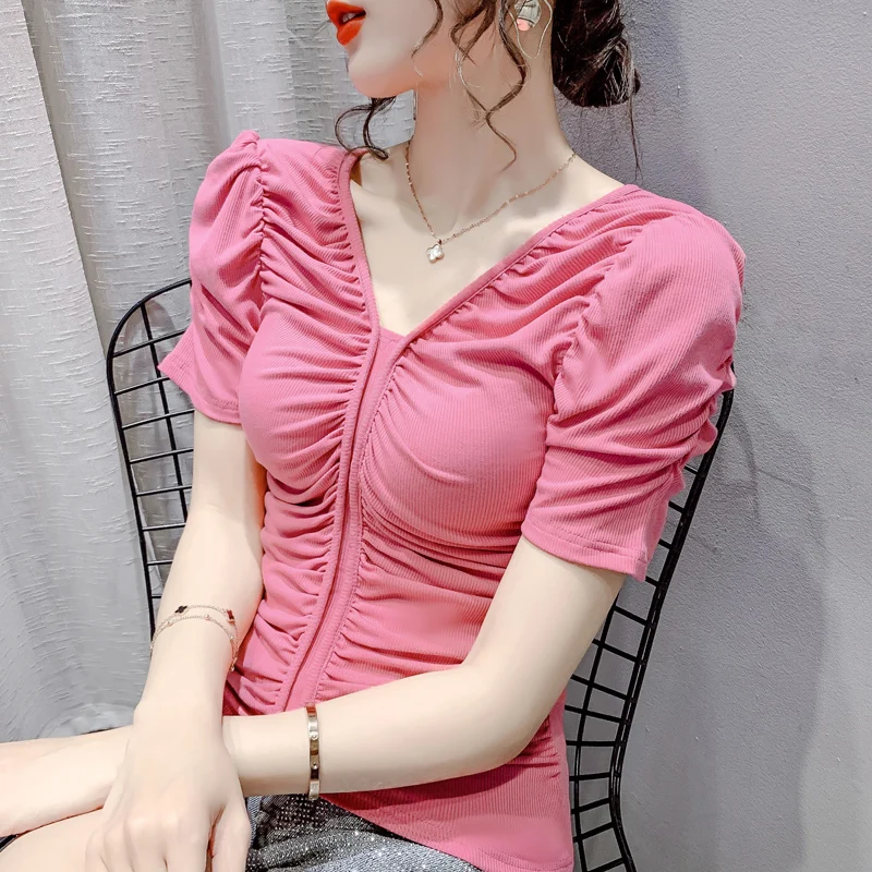 

Short Sleeve Fashionable T-shirt Women's Summer New V-neck Solid Color Short Elegant Slim Fit Niche French Top