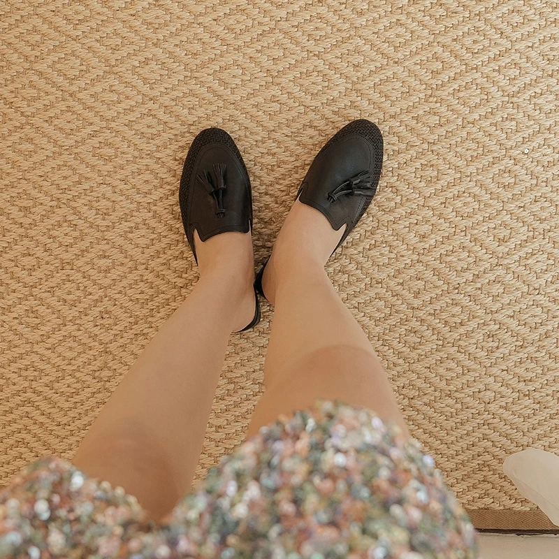 

Rizabina New Women Sandals Shoes Fashion Fringe Round Toe Slippers Shoes Women Square Heels Slip On Lady Footwear Size 34-39