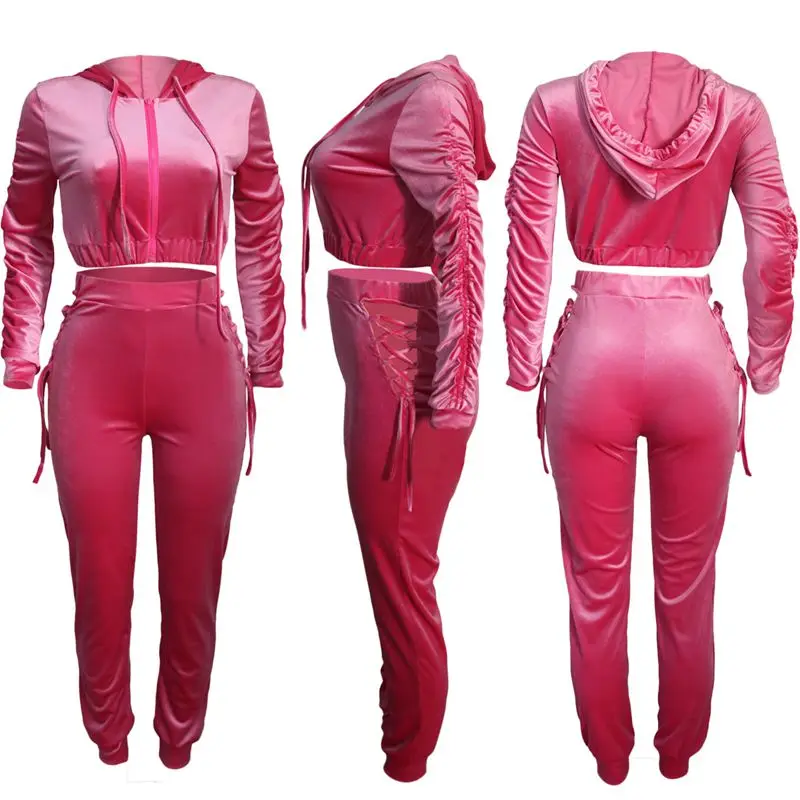 

TNNAOFF Velvet Elastic Skinny Two Piece Tracksuits Women Set Zip Long Sleeve Hoodies Fashion Pencil Pants Overalls Matching Sets