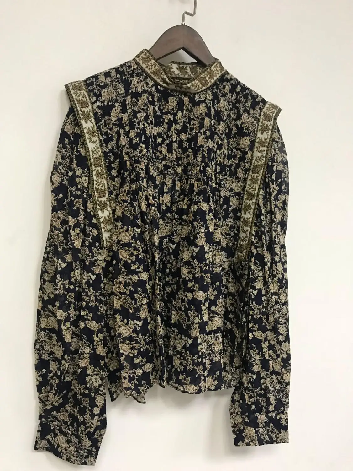 Женская винтажная блузка с цветочным принтом круглым вырезом и длинным рукавом