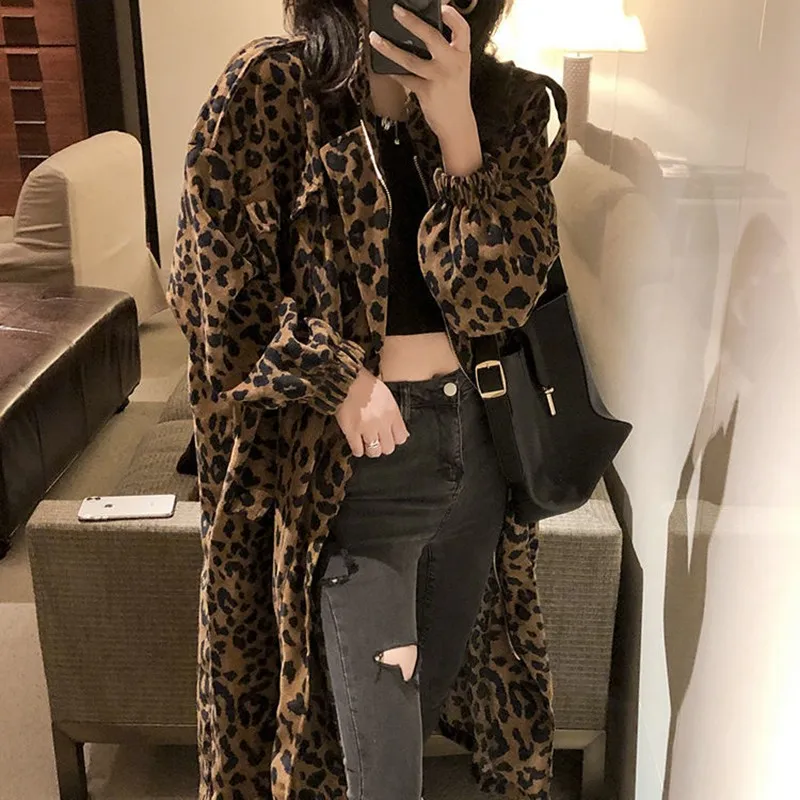 

2021 New Arrival Spring/autumn Women Casual Long Sleeve Turn-down Collar Trench Zipper Cotton Leopard Print Long Coat P148