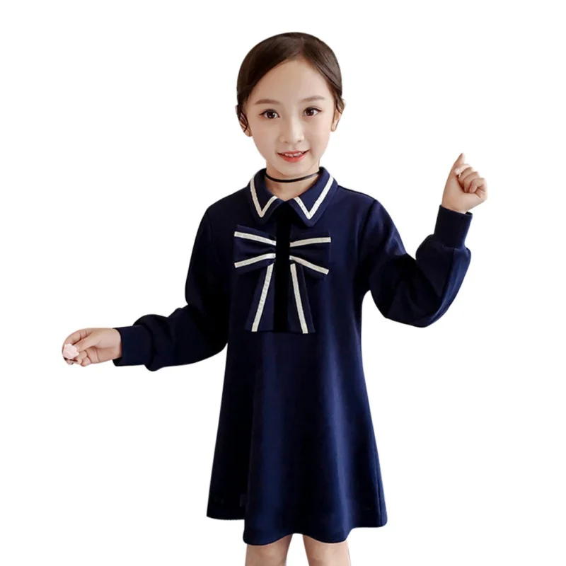 Autumn Casual Baby Girls Solid Print Long Sleeve Dress Kids Toddler Bow Design Pageant Dresses 2019 | Детская одежда и обувь