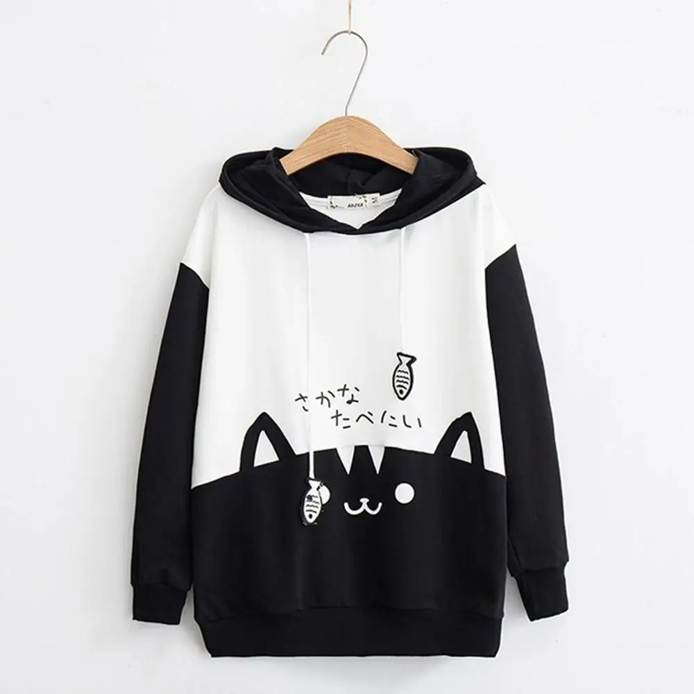 Женская толстовка блузка с капюшоном и принтом кошки женские топы весенне
