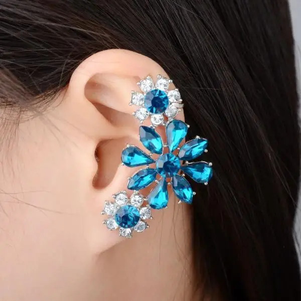

Fashion Crystal Flower Clip On Earring 2022 Punk Rhinestone Women Ear Wrap Cuff Earrings 1psc Left ear
