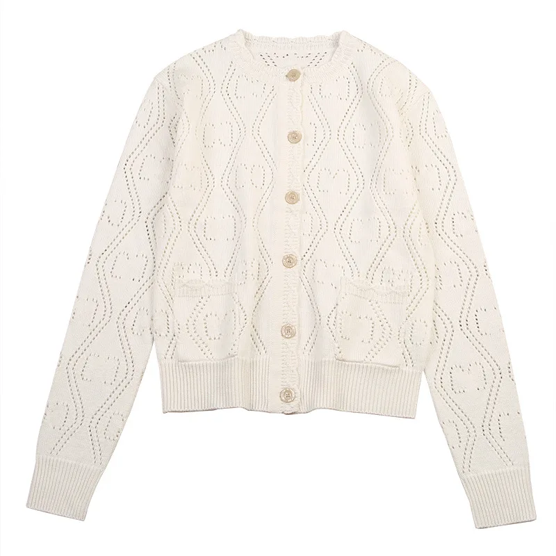 

Hollow ripple pattern double pocket cardigan flower petal round neck long-sleeved knitted loose woolen sweater coat for women