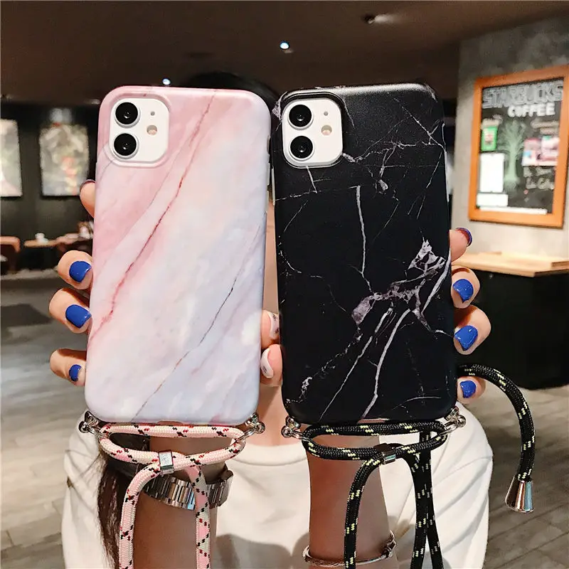 Чехол для телефона с ремешком и мраморной текстурой iPhone 13 12 11Pro Max XR XS X 6S 7 8 Plus