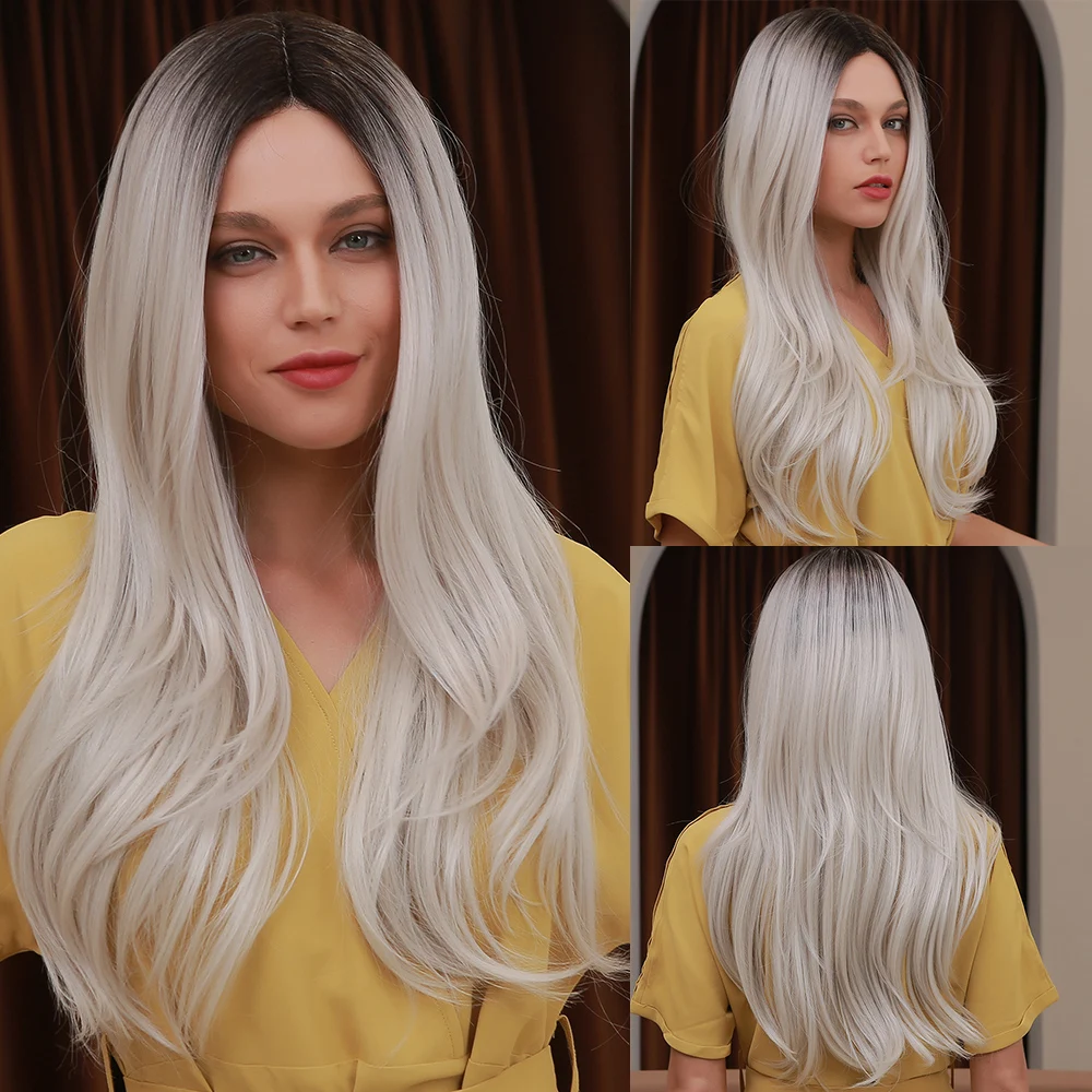 

ALAN EATON Long Straight Synthetic Hair Wig Lace Part Ombre Black Gray White Lace Cosplay Wigs for Women High Temperature Fiber