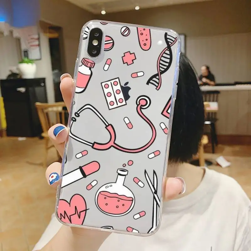 

Cute cartoon Medicine Doctor Nurse Phone Case Transparent for iPhone 6 7 8 11 12 s mini pro X XS XR MAX Plus