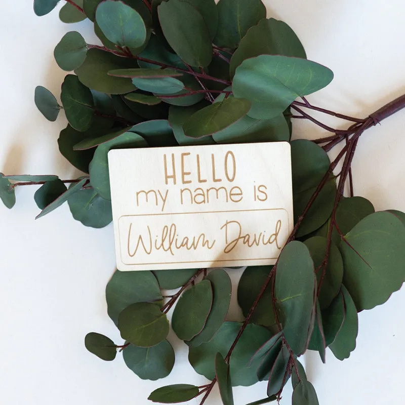 

Wooden engraved baby name sign, Hello My Name Is Birth Announcement plaque, Newborn photo props, Nursery decor, Baby keepsake