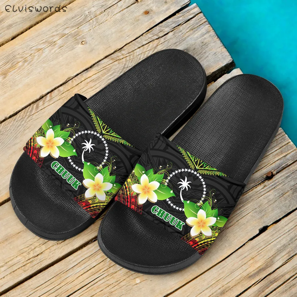 

ELVISWORDS Chuuk Polynesian Plumeria Tribal Design Summer Women Slippers Casual Non-slip Slides Flip Flops Indoor Floor Sandals
