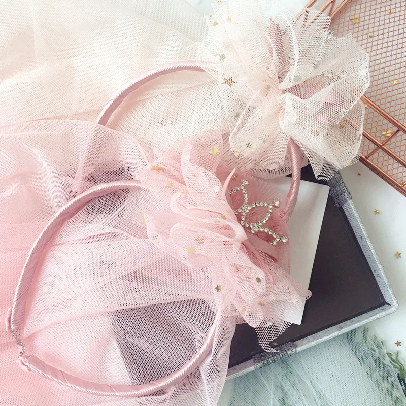 

White Pink Crown Pearl Long Veil Mesh Headband Children Girl Princess Headwear Hair Hoop Flower Girl Dress Wedding Party