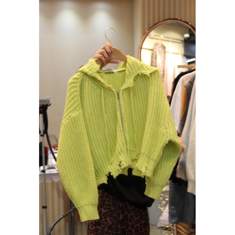 

Женский трикотажный свитер на молнии, короткий однотонный свободный свитер с капюшоном, модель DK1015 на осень и зиму, 2021