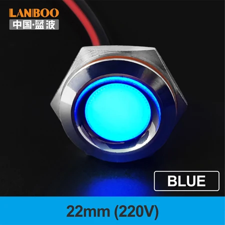 22mm-Blue(220V) LANBOO 16 мм, 19 мм, 22 мм, красный, зеленый, желтый, синий, 12 В, 24 В, 110 В, 250 В, светодиодный металлический индикатор, лампа, индикатор, светильник, одна лампа, водонепроницаемая - Цвет: 22mm-Blue(220V)