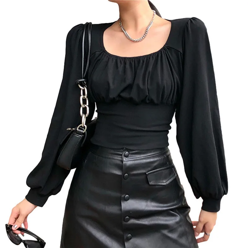 

Autumn New Fashion Women's Slim Fitness Crop Tops Clothing Long Sleeve T-Shirt Tops Crew Neck Ruffle Casual T-Shirt