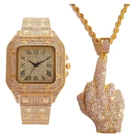 iced out watch necklace for men luxury diamond gold square watch men bling hip hop jewelry middle finger pendant chains relogio