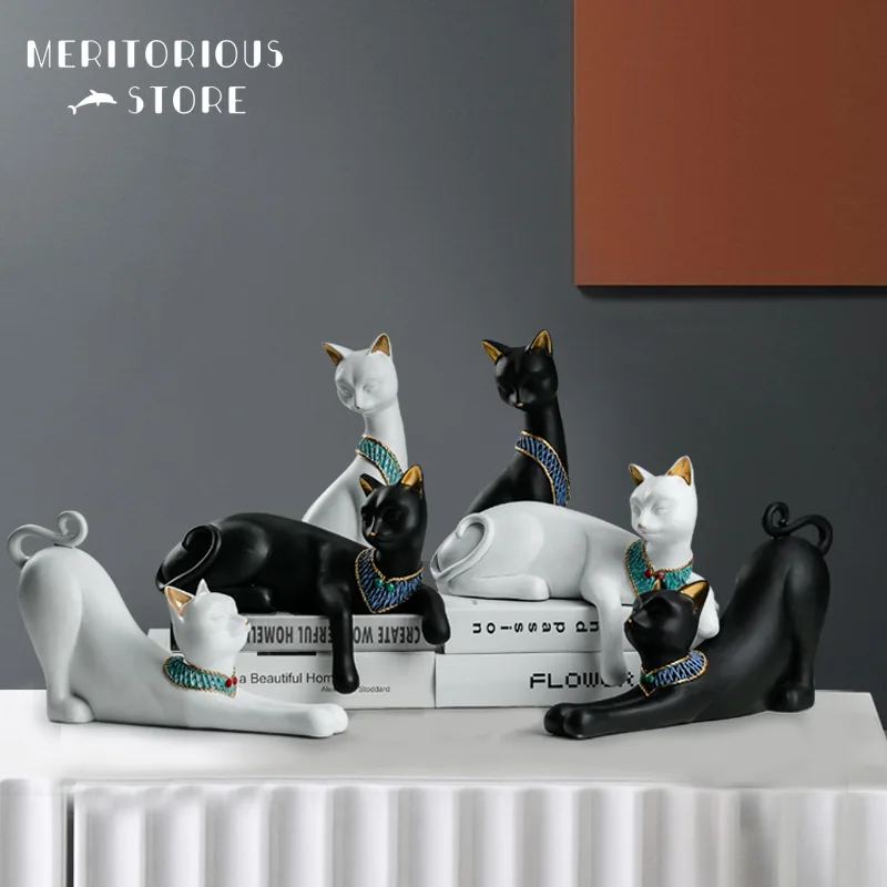 Egyptian Cat Resin Accessories Statue Decoration Black White Retro and Nostalgia/Old Furniture Miniature Handicraft Home Decor