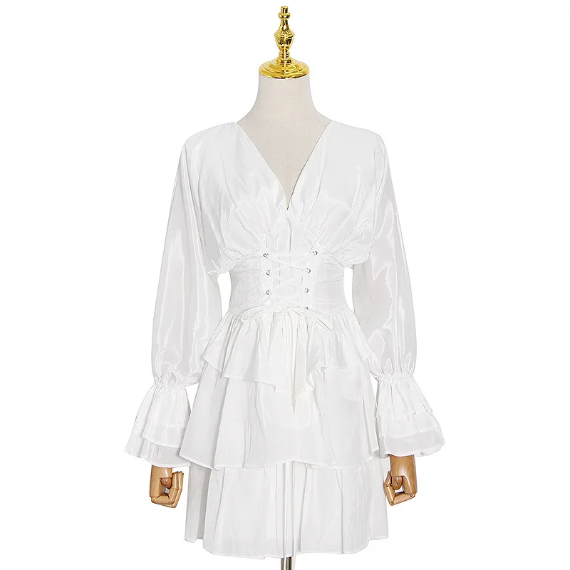 

Summer new temperament sweet waist strap stitching flounced short dress women tide