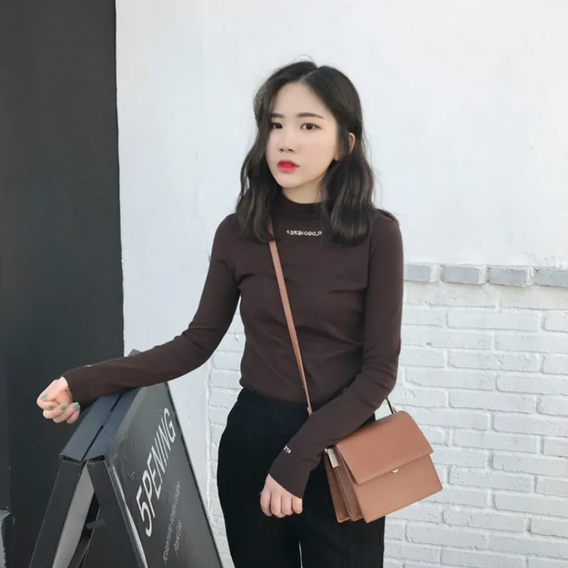 

Women Embroidery Letter Turtleneck Soft Nap T Shirt Tees T-Shirts Female Bottoming Tops Womens Thermal Top Long Sleeve Shirt