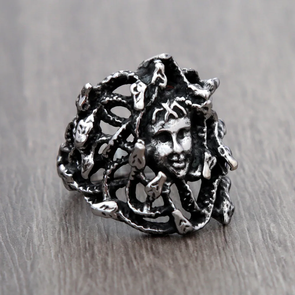 Кольцо из волос с ужасными веномозными змеями и Горгоной Черная Нержавеющая