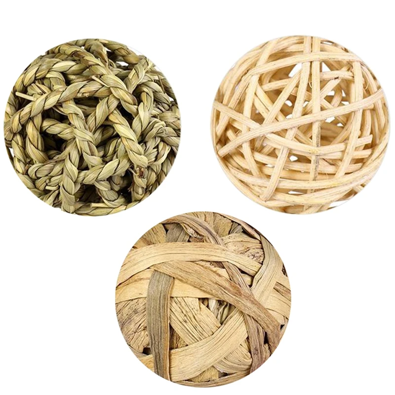 

Hamster Chew Ball Toy 3PCS Interactive Natural Grass Woven Ball Small Animal Grass Ball Parrot Hamster Funny Toy