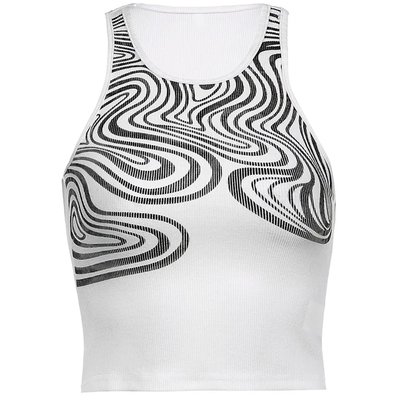 

Irregular printing contrast ribbed new sleeveless round neck women's sexy slim bottoming vest