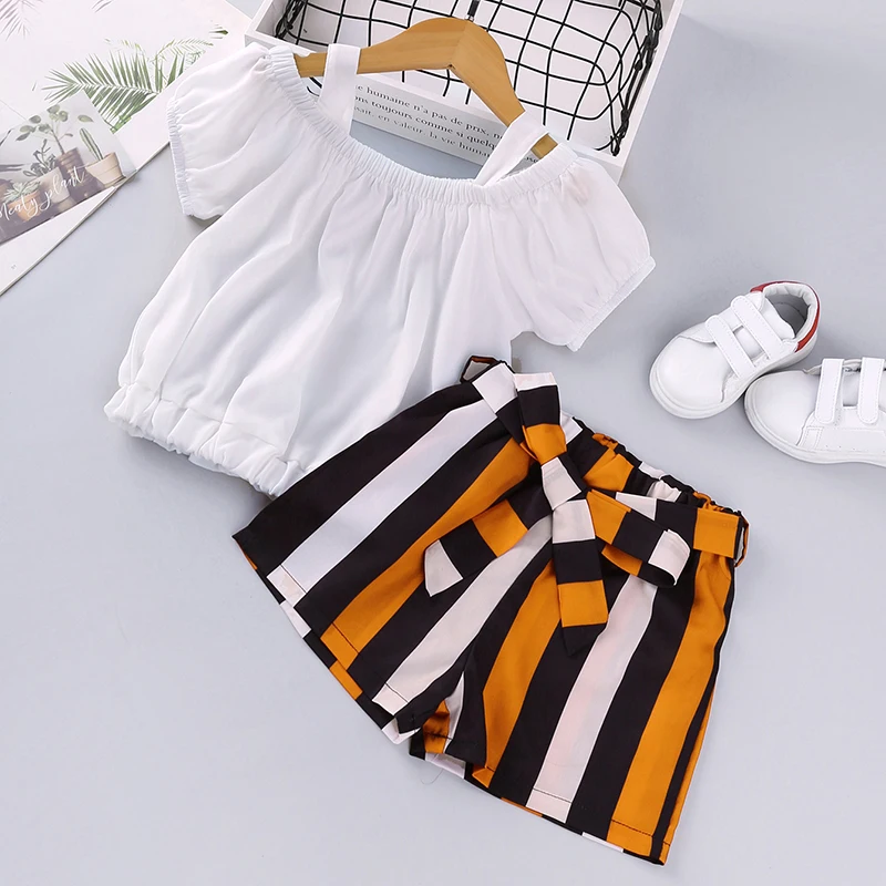 

Toddler Kids Baby Girl Clothes Sets Solid Lace T shirt Tops+ Solid Color Shorts Summer New Outfit Set Kids Baby Clothing 2Pcs
