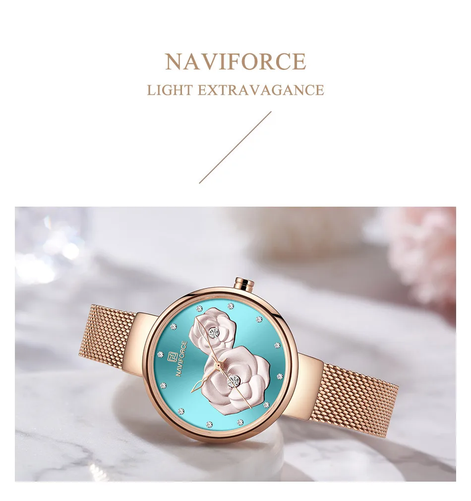 NAVIFORCE, роскошные повседневные женские часы, водонепроницаемые, розовое золото, сталь, сетка, кварцевые, для женщин, модные, под платье, часы, Relogio Feminino, с цветами
