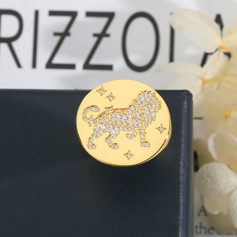 

12 Constellation Leo Round Gold Ladies Ring Fashion Inlaid White Zircon Casual Party Commemorative Ring Girlfriend Holiday Gift