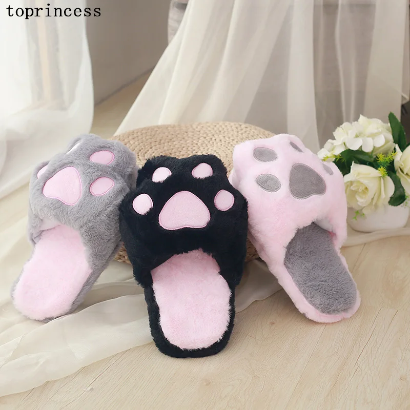 Online HL07 TOPRINCESS Mode Fuzzy Hause Hausschuhe Nette Katze Klaue Plüsch Winter Haus Schuhe Warme Weiche Innen Boden Frauen Flache Hausschuhe