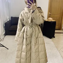 Новинка, женский пуховик, длинный, плотный, свободный, в клетку, с отворотом, белый утиный пух, пальто с поясом, раздел 930