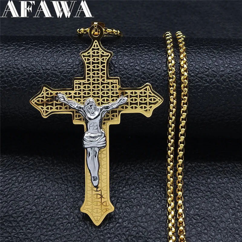

Stainless Steel Christian Cross Jesus Long Big Necklace Women Gold Color Statement Necklace Jewelry collier chaine N4501S02