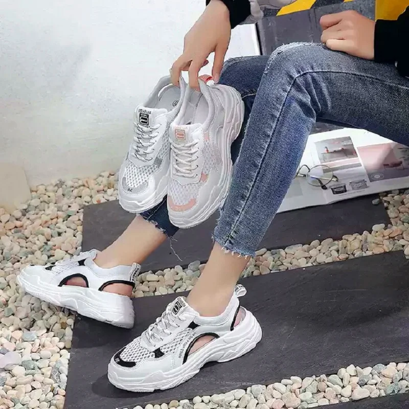 

2021 Summer New Sports Sandals Breathable Women Summer Shoes Platform Thick Sole Sandal Lace-up Hollow-out White Grey Black 5CM