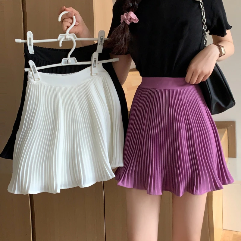 Summer Laides A Line Retro Mini Skirts High Waist Solid Color Skirts Female Y2K Casual Pleated Skirts