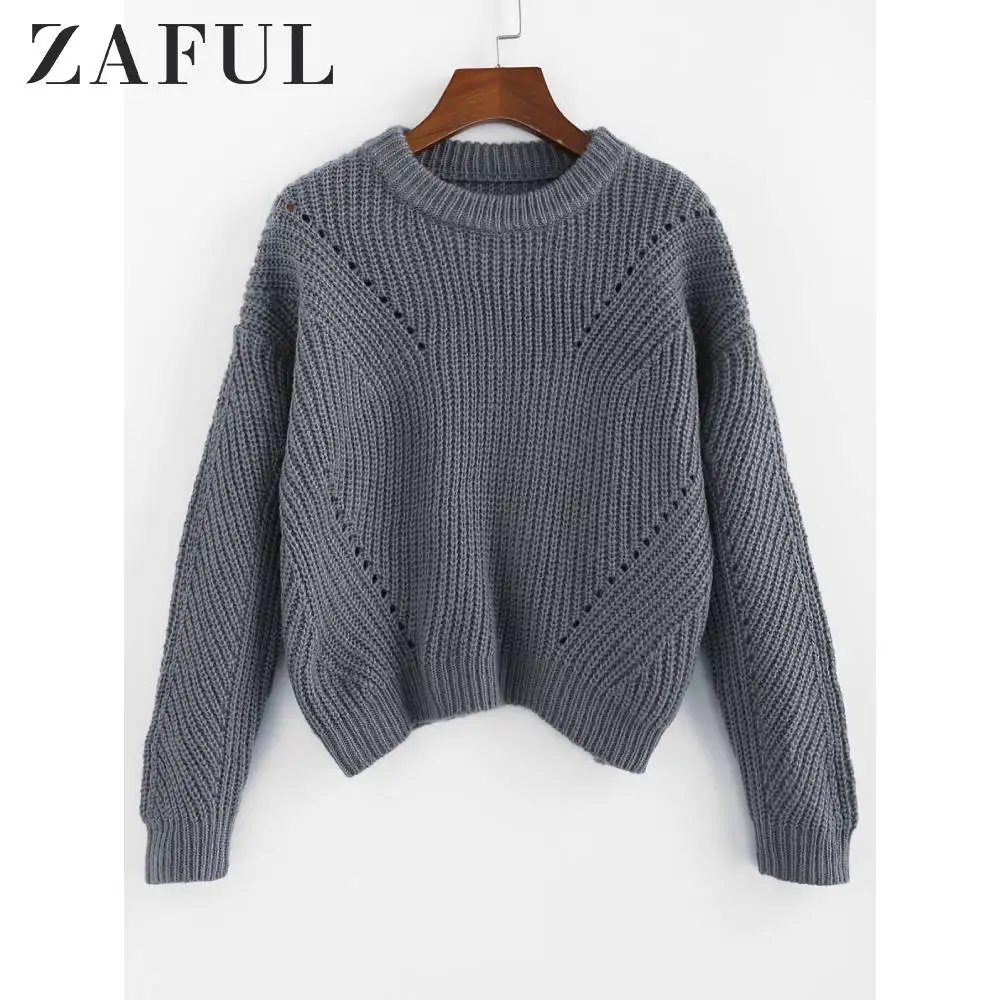 ZAFUL Pointelle свитер с вырезом лодочкой и спущенными плечами синий серый вязаный