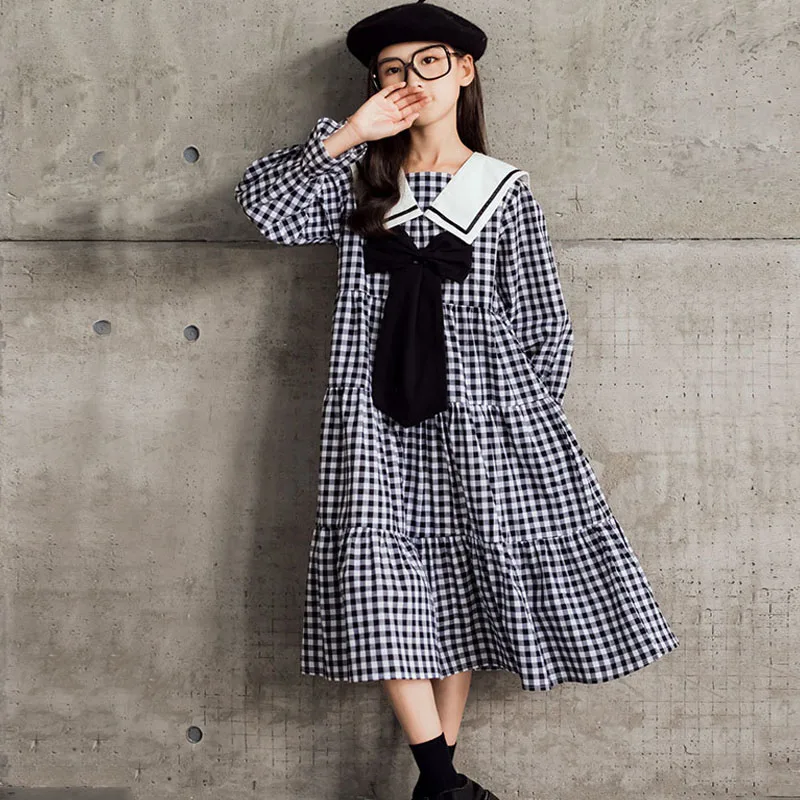 

2021 New Autumn Teen Girls Dress White Black Plaid Dress School Children Baby Clothes Sailor Collar Dresses Spring With Big Bow