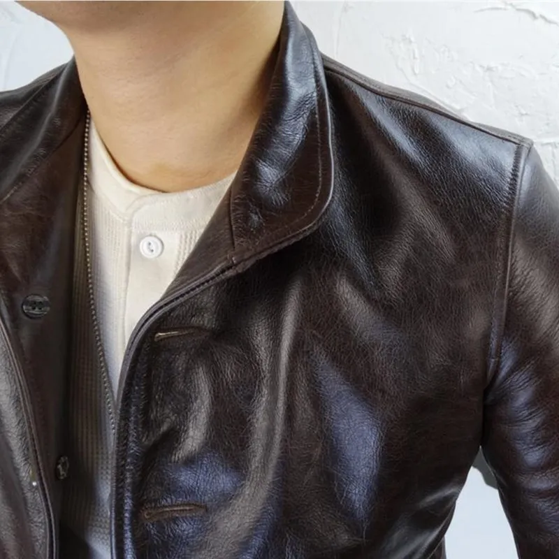 

Dark Brown 2020 American Casual Style Leather Jacket Single Breasted Large Size XXXXL Genuine Cowhide Autumn Casual Leather Coat