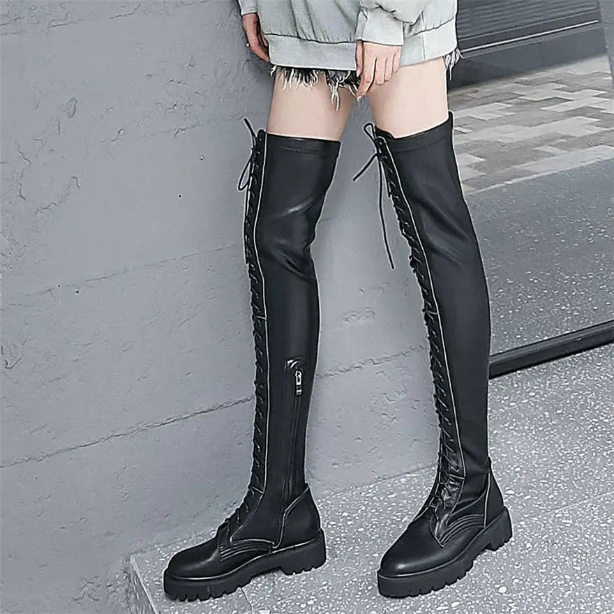 Thigh High Winter Oxfords Shoes Women Lace Up Strappy Over The Knee High Motorcycle Boots Female Long Shaft Fashion Sneakers