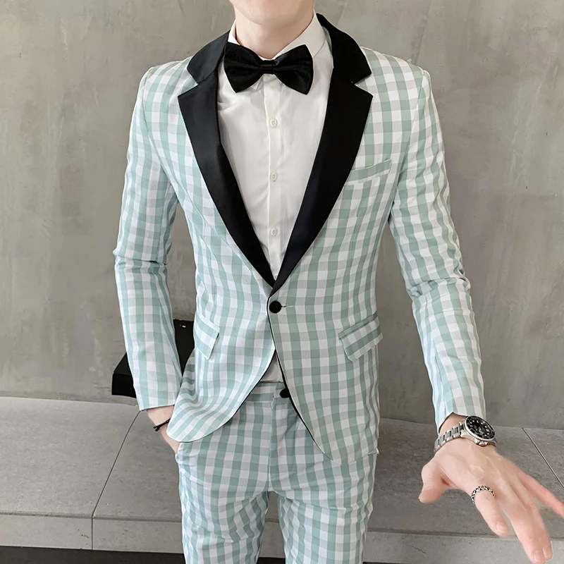 

2 Pieces 2020 Suits Men British New Style Designs Mens Suit Autumn Winter Thick Slim Fit Plaid Wedding Dress Tuxedos Plaid Sets