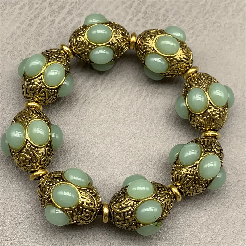 

Изысканный КИТАЙСКИЙ РЕДКИЙ коллекционный ручной работы инкрустированный нефритом благоприятный браслет статуя ручной работы украшение ...