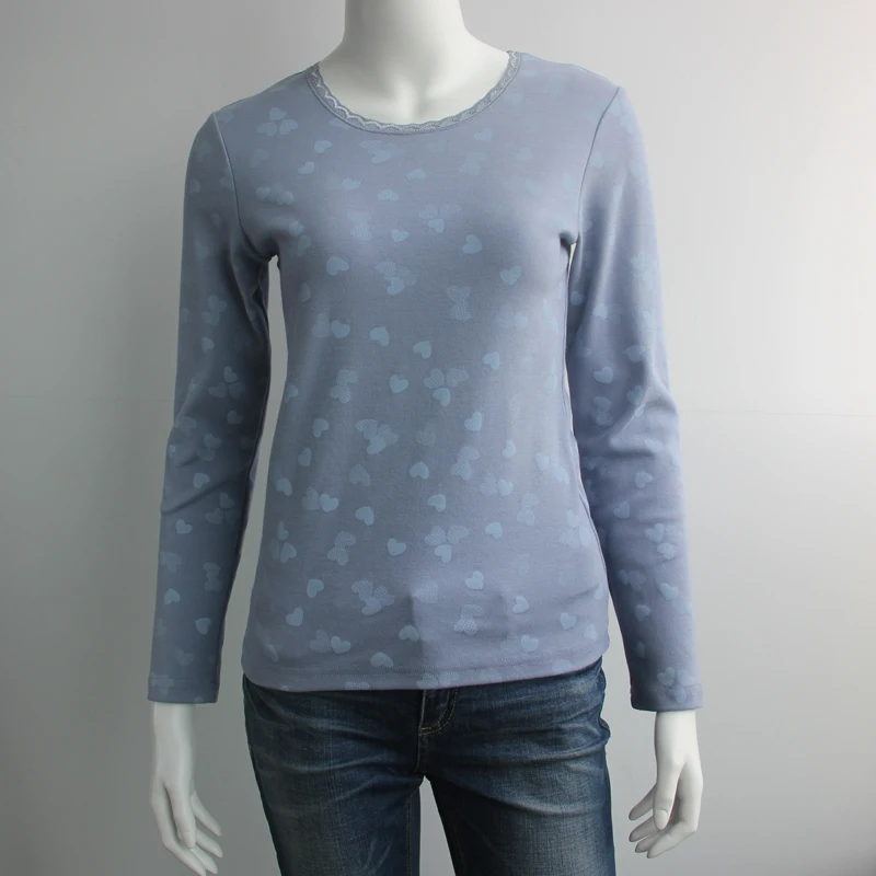 

Women's Winter Thermal Underwear heart-shaped printing Long Sleeve Female Crew neck tops cotton Lace collar Thermal Clothing